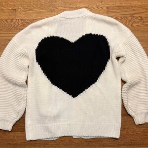 White Cardigan Sweater with Black Heart Design